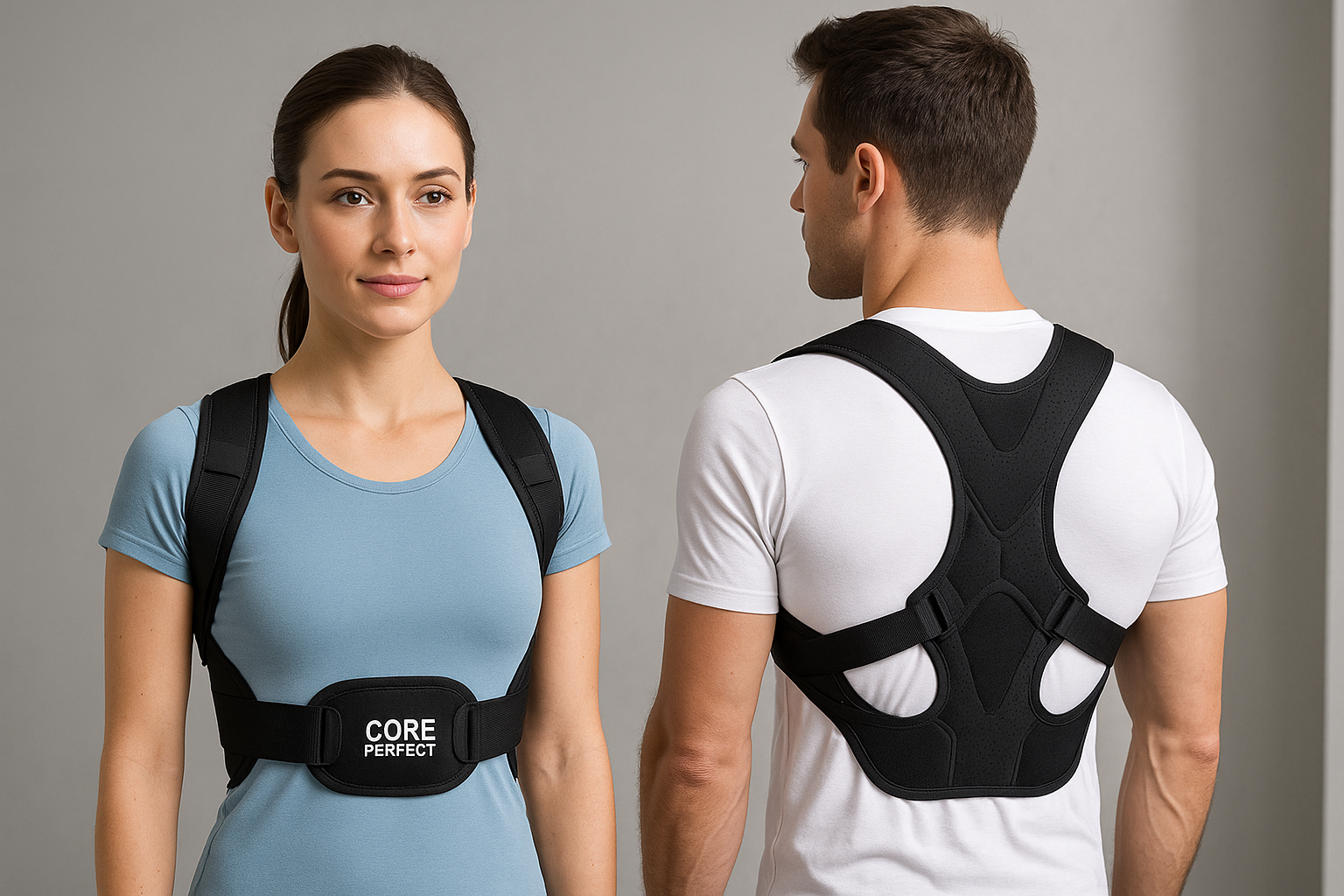 Do the same but have one of them turned around so that we can see what the posture corrector looks from behind